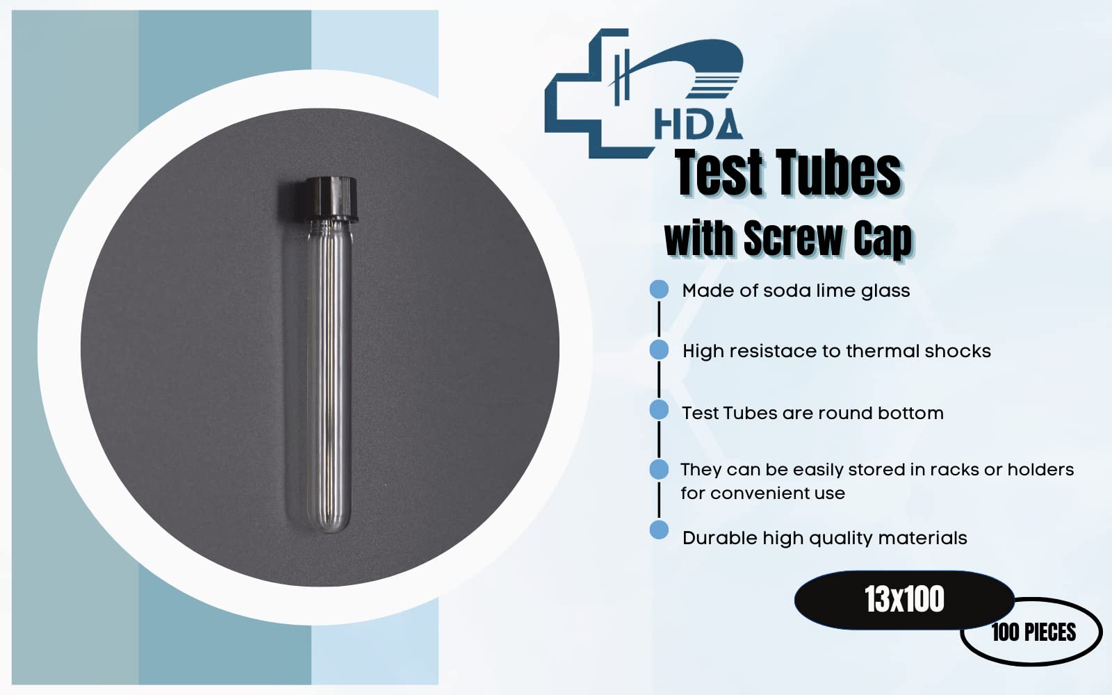 HDA Glass Test Tubes 13x100mm Soda Lime Glass, with Screw Cap, Round Bottom, 100 Pieces