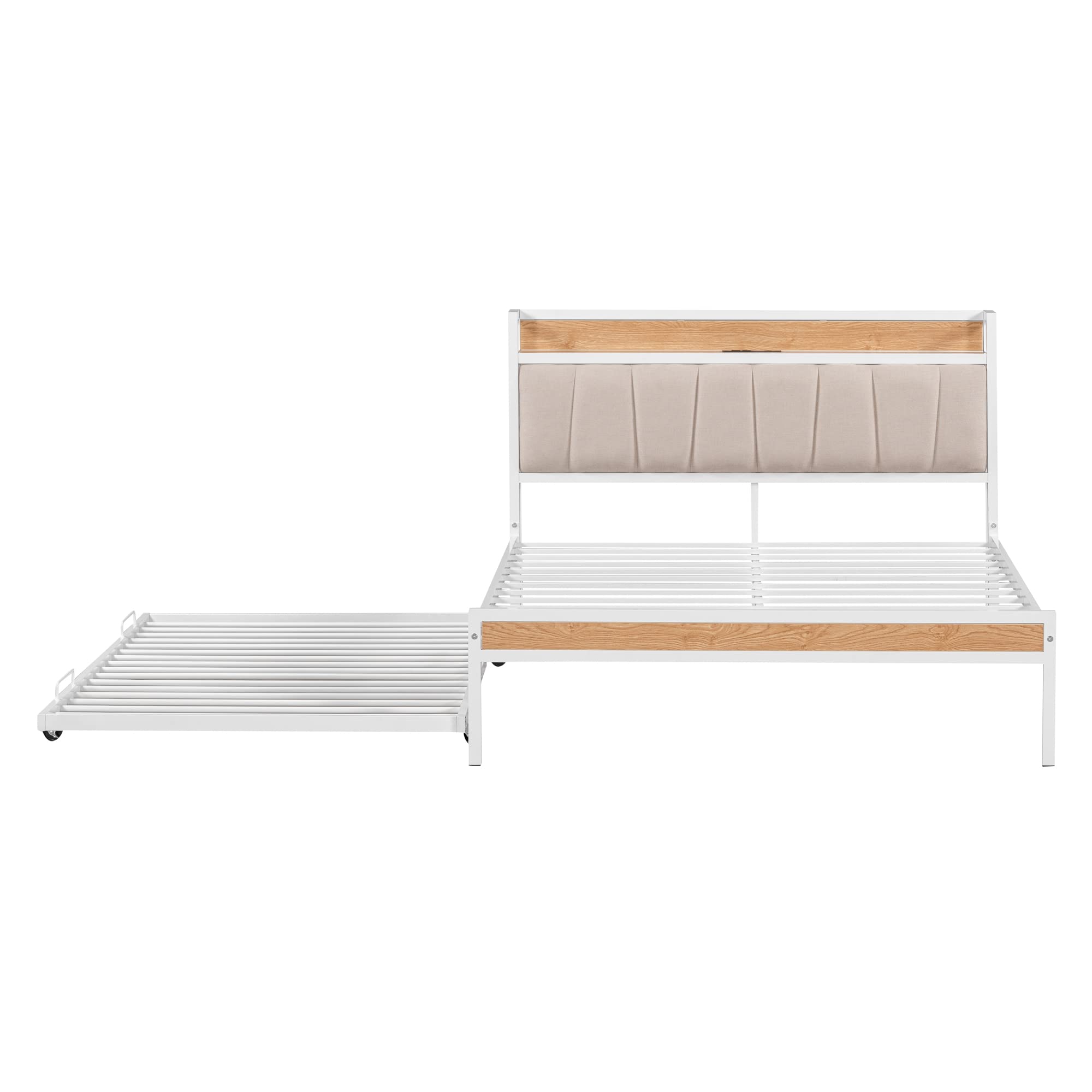 Full Size Platform Bed with Trundle, Metal Full Platform Bed Frame with Upholstered Headboard, Sockets, USB Ports and Slat Support, No Box Spring Needed, White