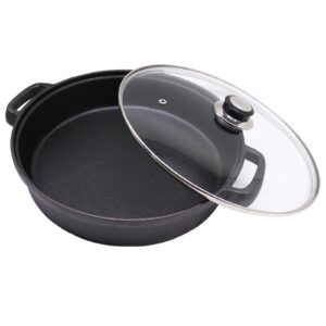 opexscal cast iron skillet with tempered glass lid, 12-inch double handled cast iron deep frying pan with lid for kitchen and camp