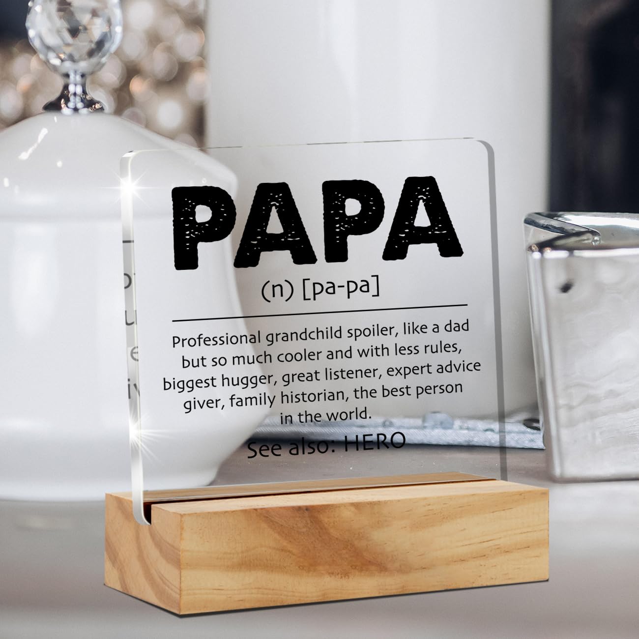 Gifts for Papa Grandpa Grandfather, Papa Definition Desk Decor Acrylic Desk Plaque Sign with Wood Stand Home Office Desk Sign Keepsake Father's Day Present