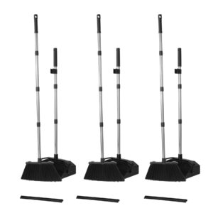 3-pack broom with dustpan combo set, commercial broom and dustpans, large brooms with 51'' long handle, self-cleaning dust pan teeth for home hall lobby office garage - black