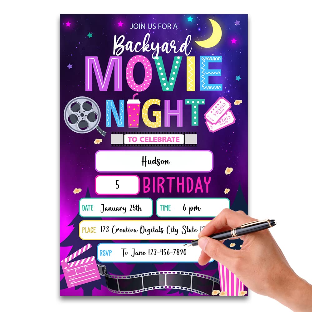 FujLoy Movie Birthday Invitations, Birthday Party Invitations, Movie Night Invitation, Backyard Movie Night Invitation.（044）