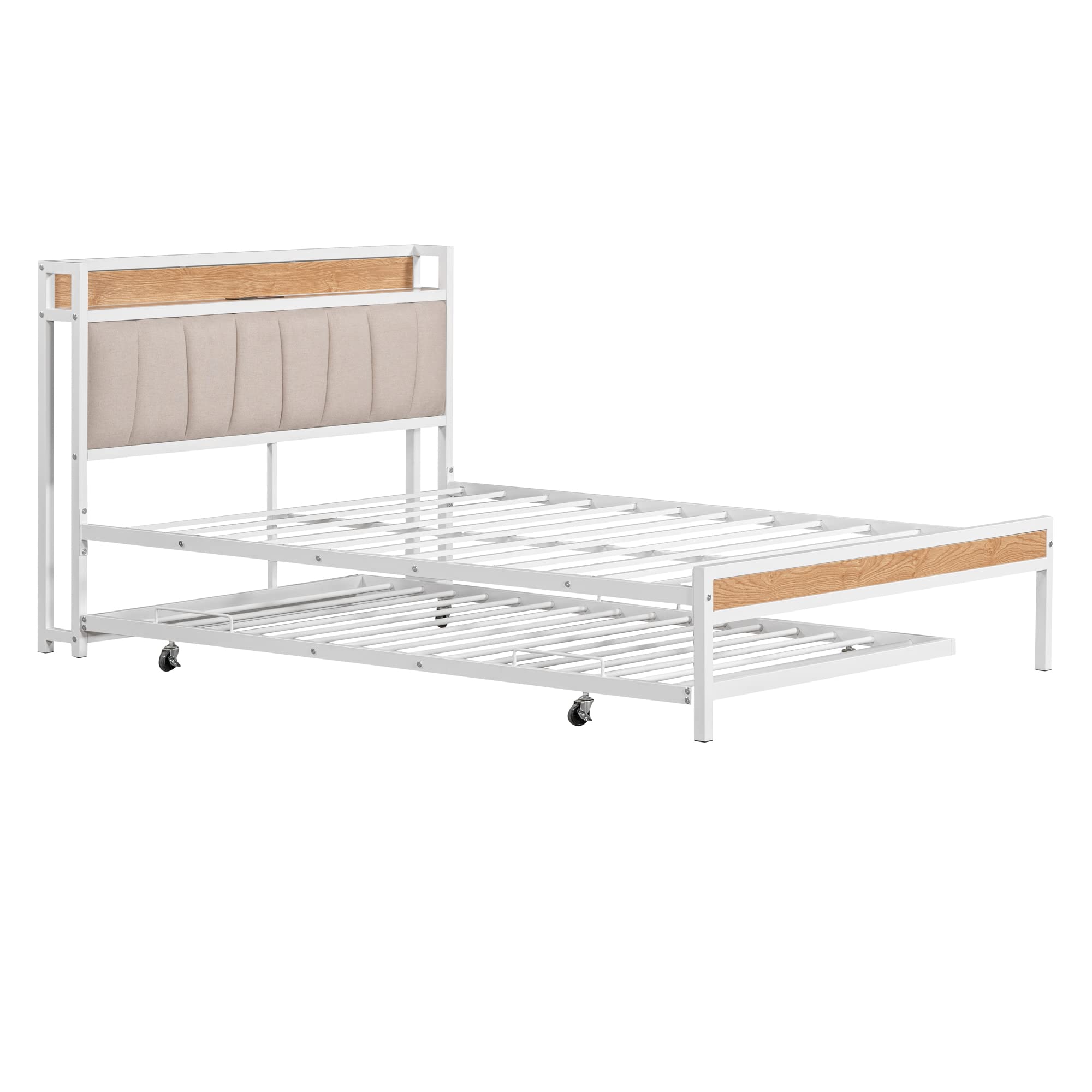 Full Size Platform Bed with Trundle, Metal Full Platform Bed Frame with Upholstered Headboard, Sockets, USB Ports and Slat Support, No Box Spring Needed, White