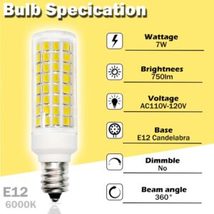 PIPIZHU E12 LED Light Bulb 7W E12 Candelabra Base Light Bulbs 75 Watt Equivalent Incandescent LED Light Bulbs 120V 750lm White 6000K (2pack)