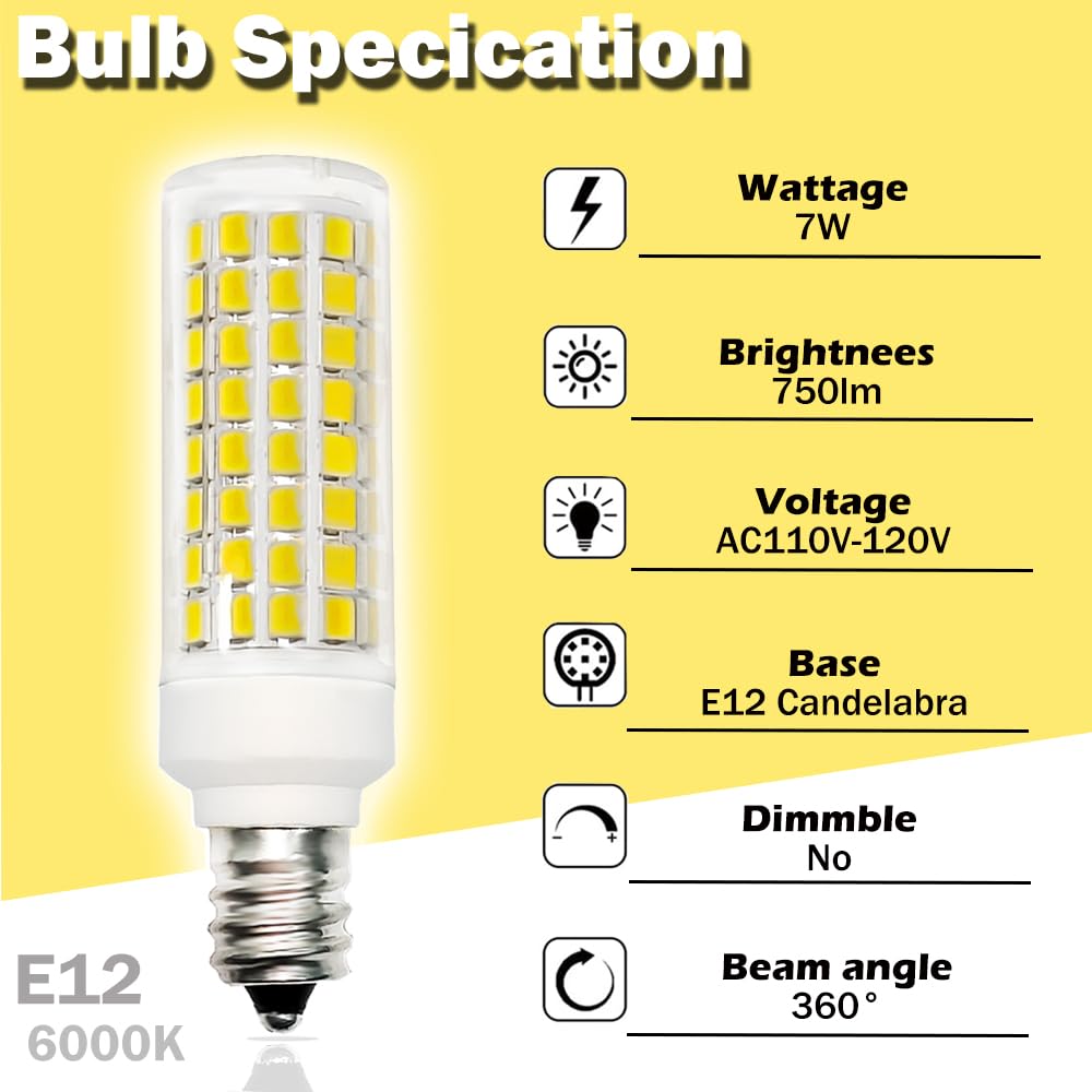 PIPIZHU E12 LED Light Bulb 7W E12 Candelabra Base Light Bulbs 75 Watt Equivalent Incandescent LED Light Bulbs 120V 750lm White 6000K (2pack)