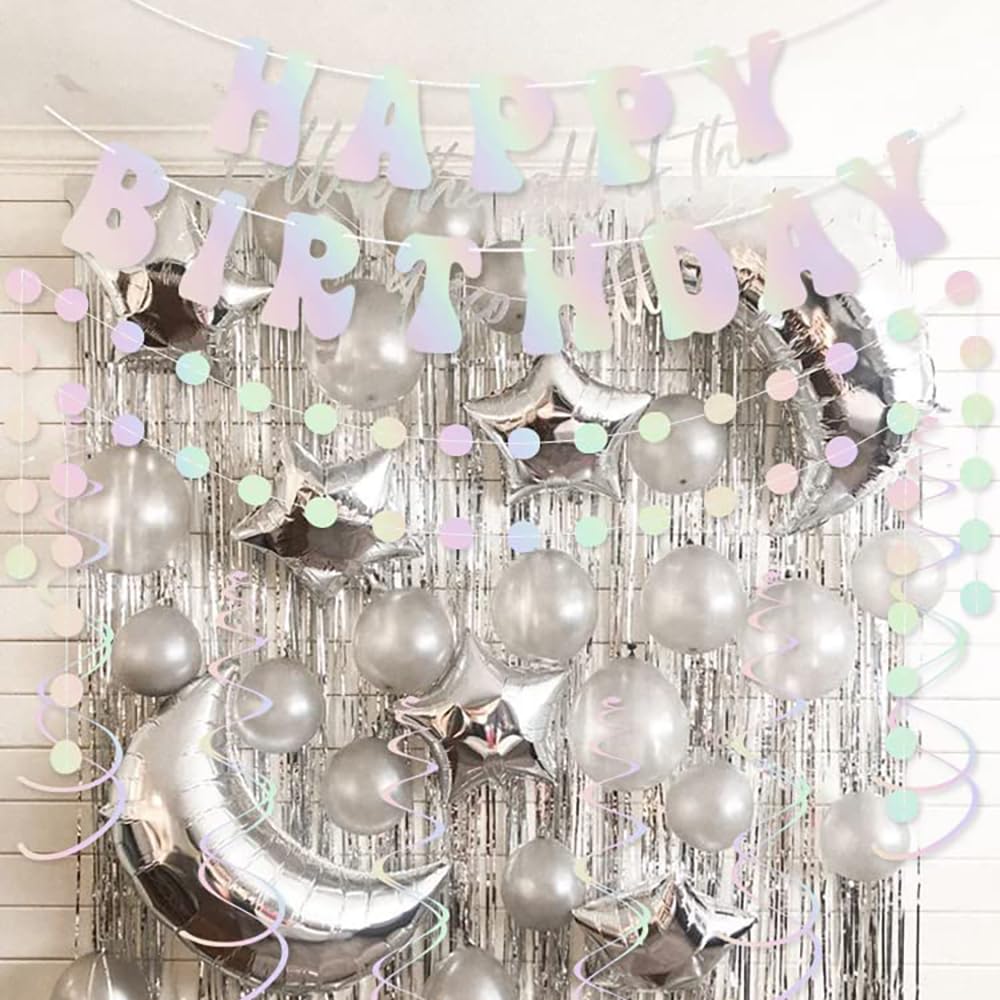 Disco Party Decorations, Iridescent Happy Birthday Banner Cute Foil Birthday Sign Hanging Streamer Balloon for 60s 70s 80s Women Men Cool Retro Boogie Disco Dancing Bachelorette Indoor Home Decor