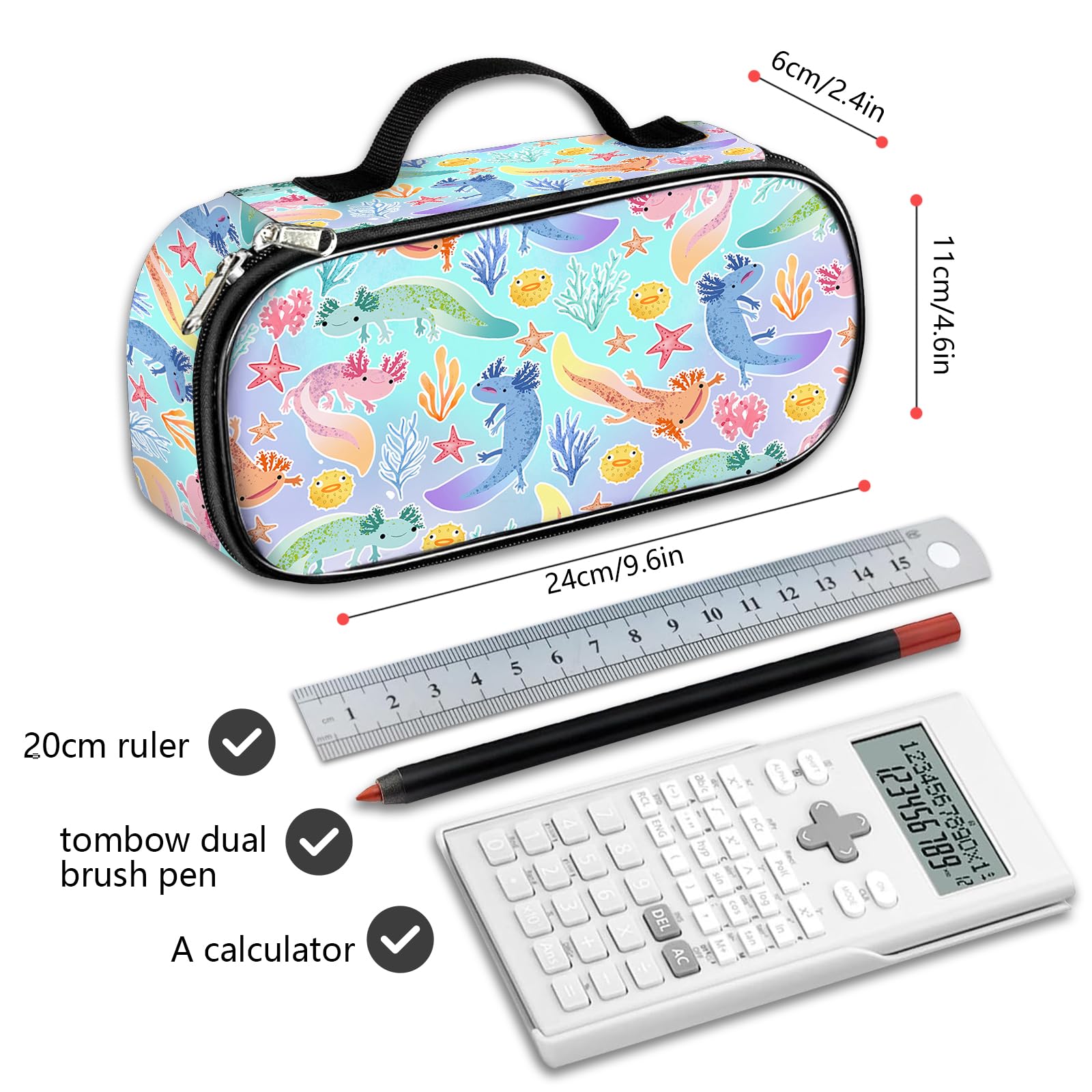 Rovozar Cute Axolotls Pen Box for Women Large Capacity Bag Pen Pouch Holder Makeup Bag With Zipper