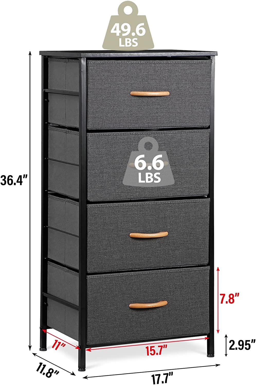 Oteymart Storage Drawers with 4 Drawers, Fabric Tower Organizer Unit for Bedroom,Living Room, Nurseries,Closet, Clothes, Steel Frame,Wood Top, Easy Pull Wood Handles Bins, Dark Gray