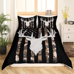 Erosebridal American Flag Bedding Set Full, Hunting Deer Theme Duvet Cover for Kids Boys Youth Adults, Geometric Camo Stripes Comforter Cover Bedroom Decor with 2 Pillowcases, Zipper Closure