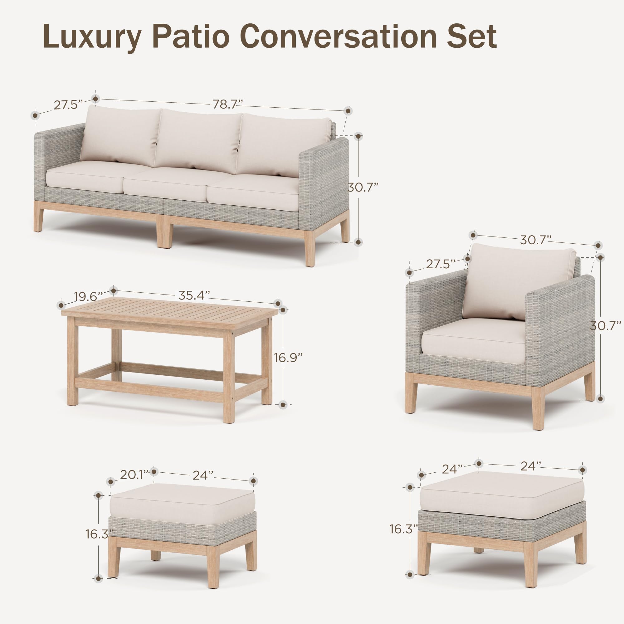 PHI VILLA Patio Conversation Set (Beige, 5 Pcs Set w/3-seat Sofa)