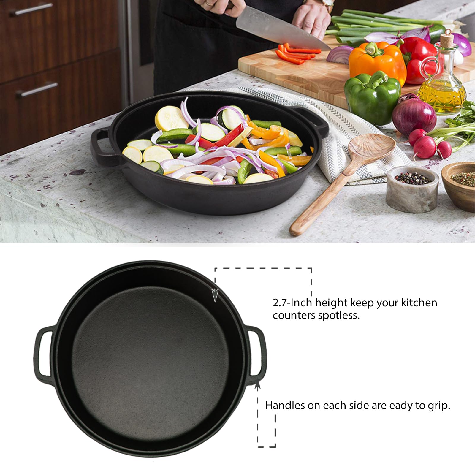 Opexscal Cast Iron Skillet with Tempered Glass Lid, 12-Inch Double Handled Cast Iron Deep Frying Pan with Lid for Kitchen and Camp