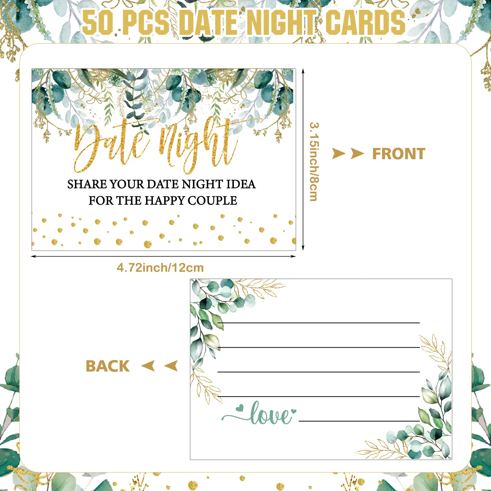 Wesiti 51 Pieces Eucalyptus Leaves Bridal Shower Games Date Night Game Sign and 50 Cards Greenery Bridal Shower Bachelorette Games Supplies Wedding Shower Games