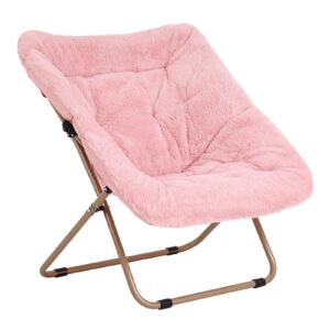 Furlide Dorm Chair, Comfy Bedroom Chairs, Oversized Folding Faux Fur Chair, Foldable Metal Frame Chair for Bedroom, Living Room, Balcony (Pink)