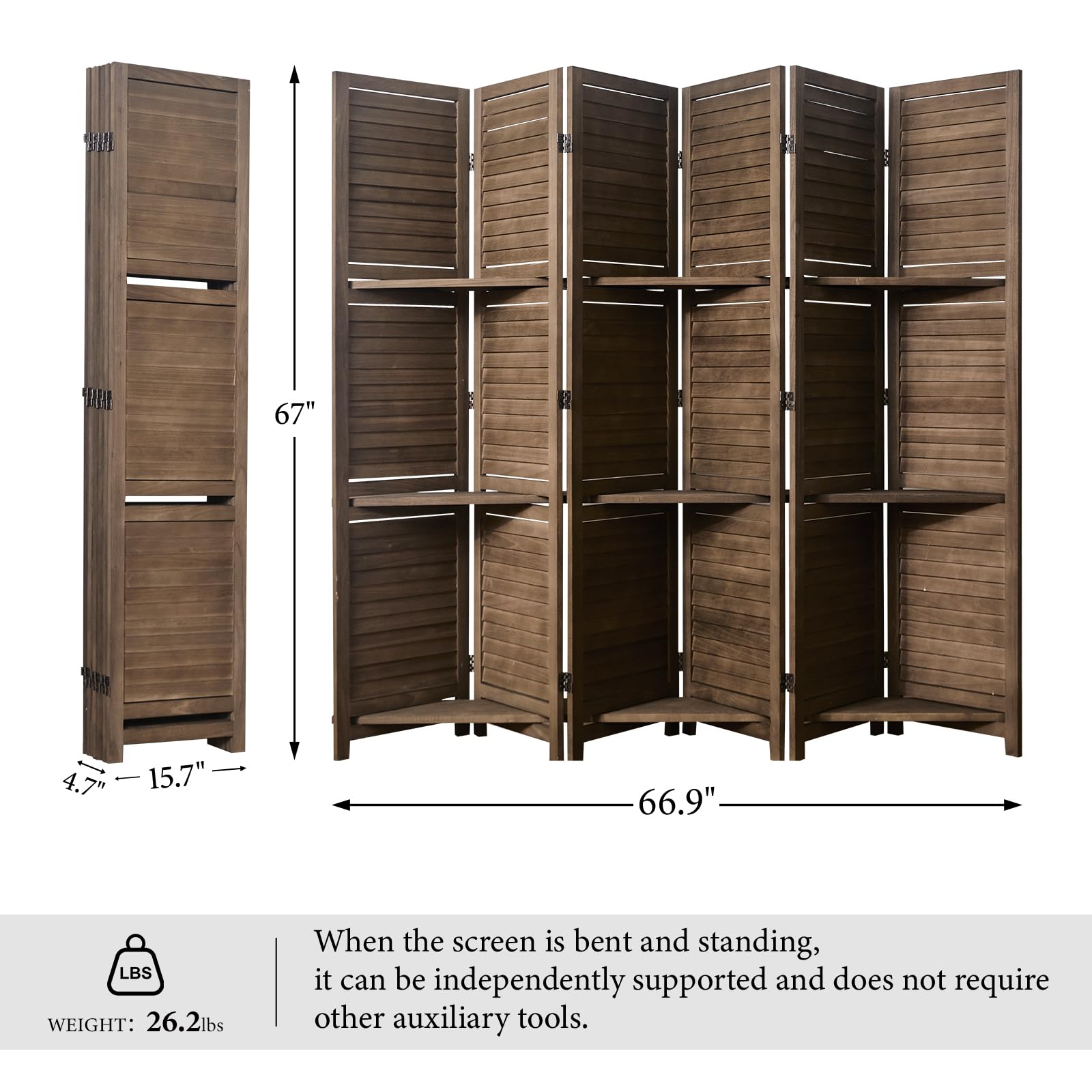 Partition Room Dividers, Folding Wood Privacy Screen with Three Display Shelves Suitable for Home Office, Study, Art Display - 6 Panel, 67 * 77inch (Brown)