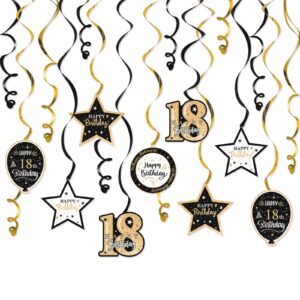 nelbiirth happy 18th birthday black & gold glitter swirls streamers party decorations - 15 pcs 18th birthday hanging swirls streamers kit,cheers to eighteen years old bday party sign.