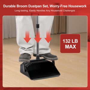 3-Pack Broom with Dustpan Combo Set, Commercial Broom and Dustpans, Large Brooms with 51'' Long Handle, Self-Cleaning Dust Pan Teeth for Home Hall Lobby Office Garage - Black