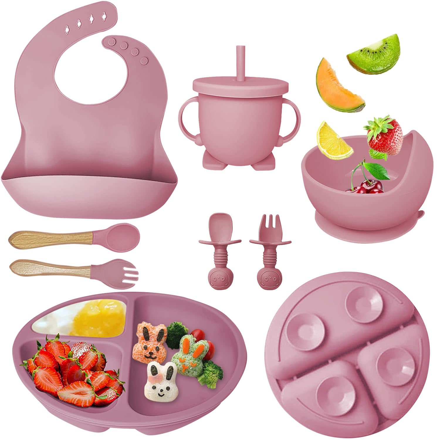 Mrkyy Baby Feeding Set 8 Piece | Baby Led Weaning Utensils Set Includes Suction Bowl and Plate, Baby Spoon and Fork, Sippy Cup with Straw and Lid | Baby Feeding Supplies - Dark Pink