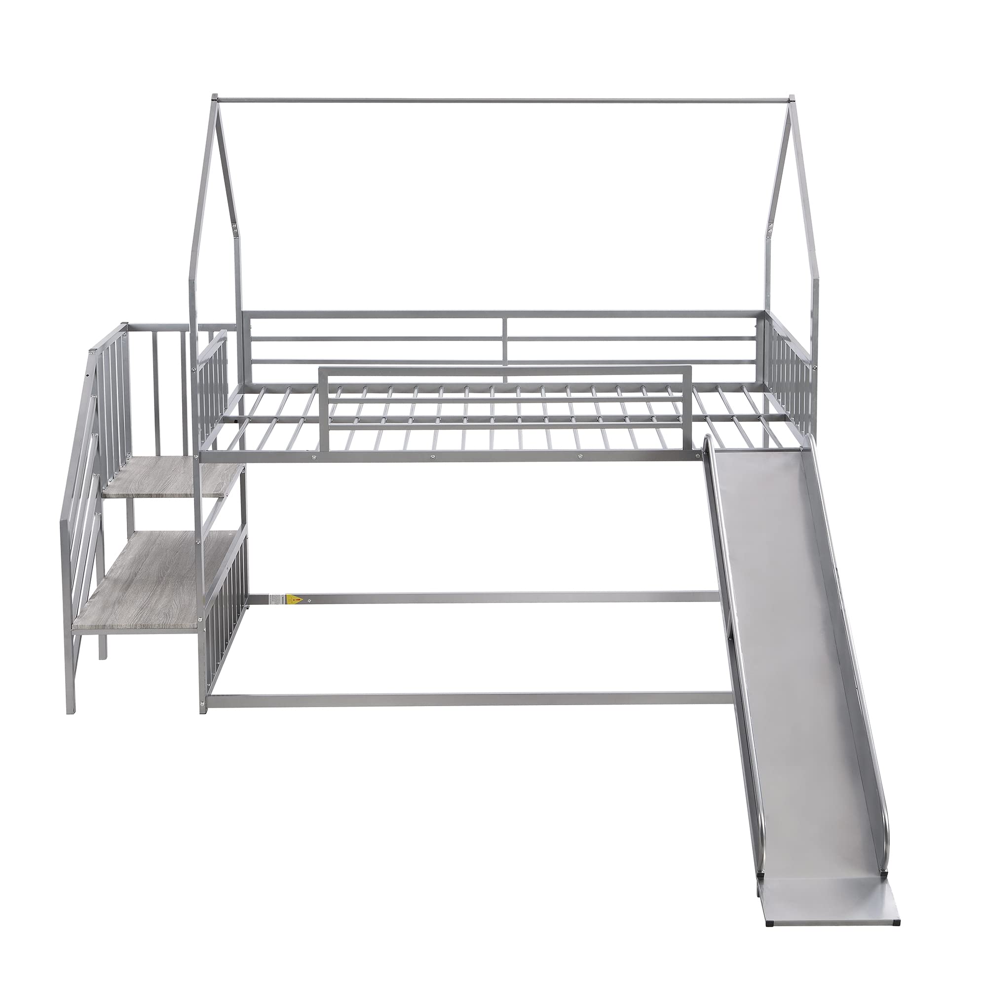 Harper & Bright Designs Twin Over Twin Metal Bunk Bed with Slide and Stairs, Low Bunk House Bed for Kids, Floor Bunk Bed, Modern Style Heavy-Duty Steel Frame (Silver)