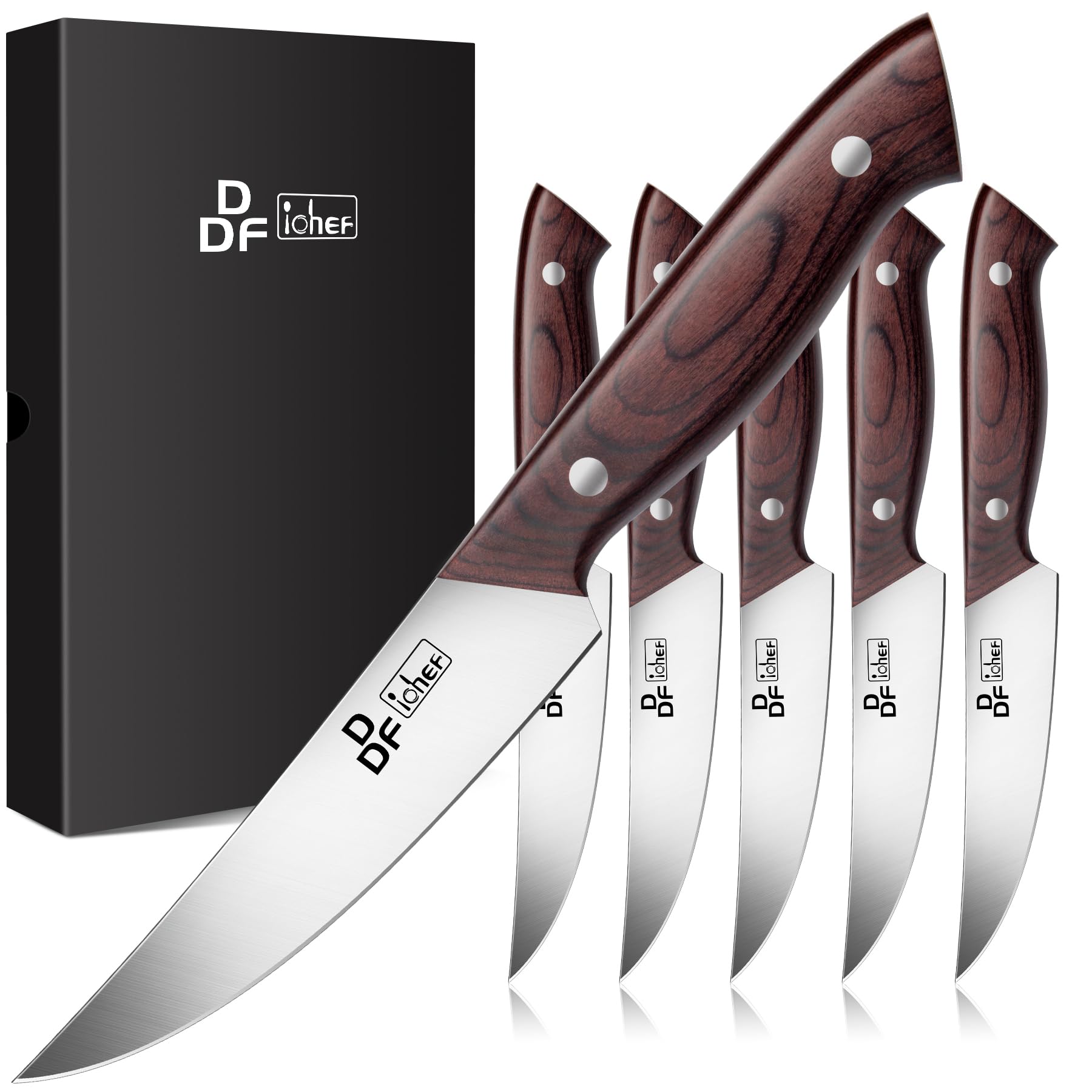 DDF iohEF Steak Knives Set of 6, Non-serrated Steak Knife 4.5 Inch High Carbon Japanese Stainless Steel Kitchen Steak Knife 6 Pieces Dinner Knives Ultra Sharp with Ergonomic Handle and Gift Box