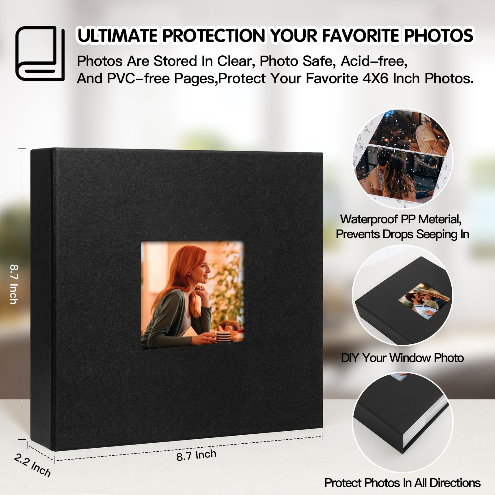 Photo Album 4x6 240 Photos with Writing Space, 4x6 Photo Album Leather Cover with Front Window, 4x6 Picture Album, 240 Photos 4x6 Photo Album Book for Wedding Kids Travel Family Baby Pictures (Black)