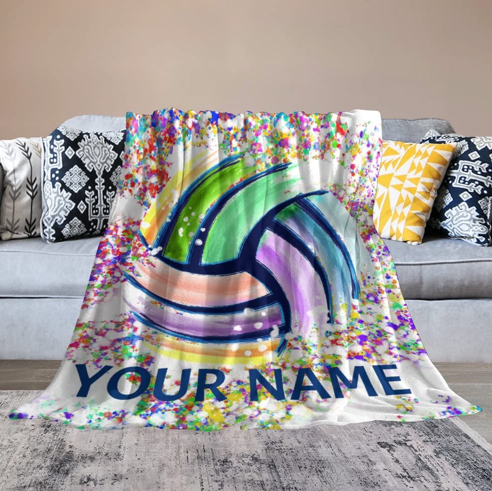 Personalized Volleyball Blanket Gifts with Name - 40"x50" Sports Throw Blanket for Adults, Kids - Colorful Soft Plush Blankets for Bed, Couch & Travel