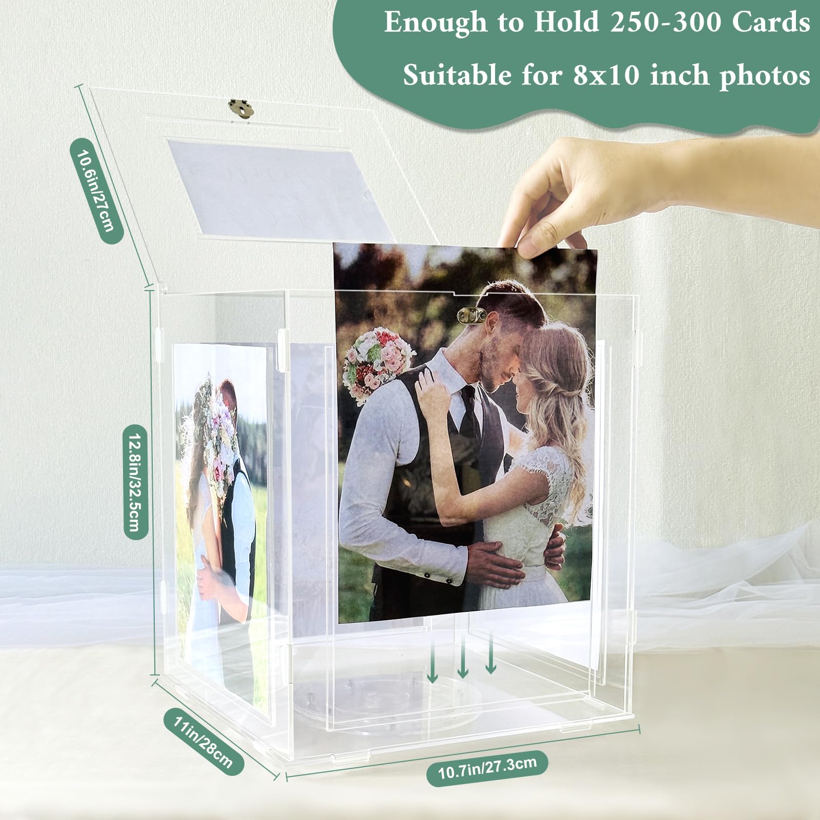 OurWarm Acrylic Wedding Card Box with Picture Frame for 8x10 Photos, Large Rotatable Envelope Post Money Gift Box Holder with Lock Slot for Reception Anniversary Graduation Birthday Party Baby Shower