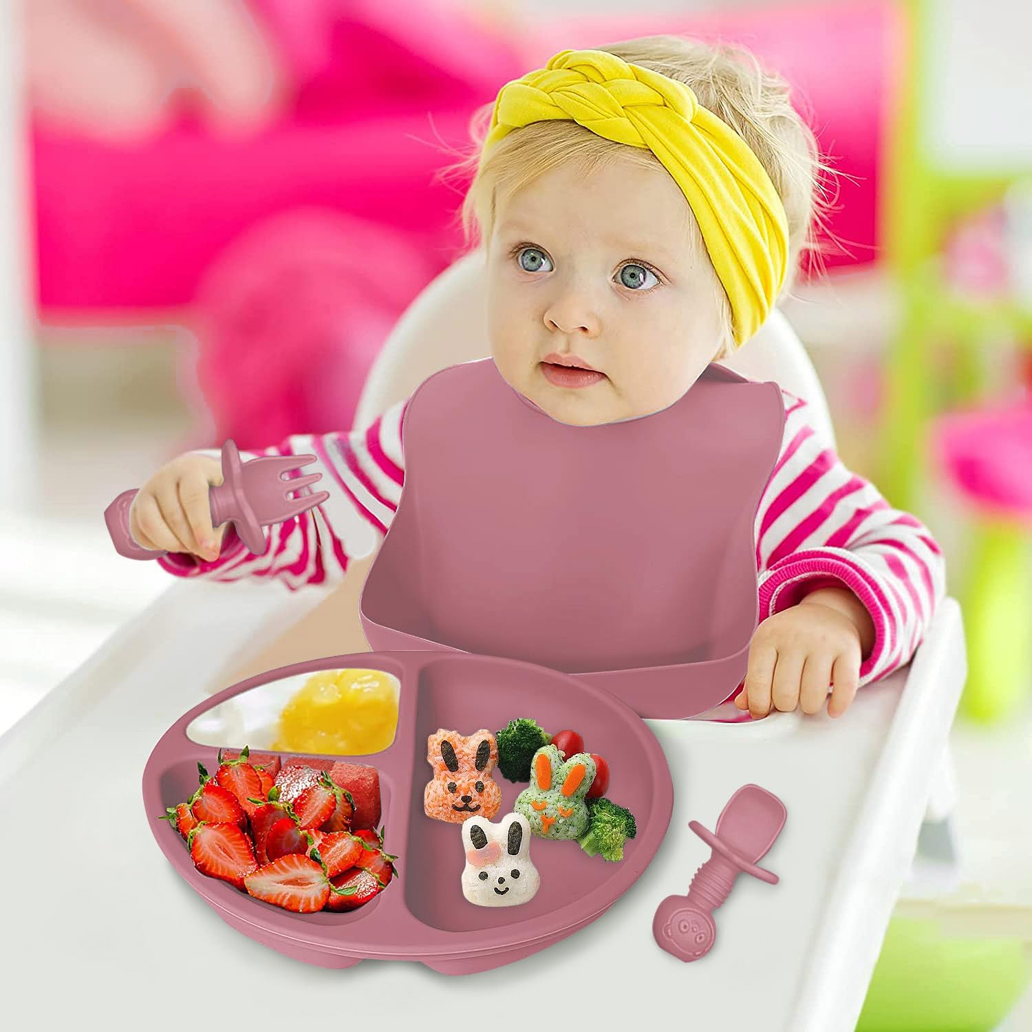 Mrkyy Baby Feeding Set 8 Piece | Baby Led Weaning Utensils Set Includes Suction Bowl and Plate, Baby Spoon and Fork, Sippy Cup with Straw and Lid | Baby Feeding Supplies - Dark Pink