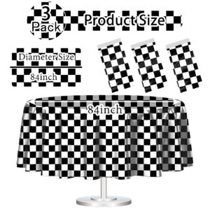 3 Pack Black and White Round Checkered Tablecloth 84 ×84 Checkered Table Cover Disposable Tablecloth for Round Tables Race Car Theme Party Birthday Picnic Camping Checkered Round Plastic Table Cloth