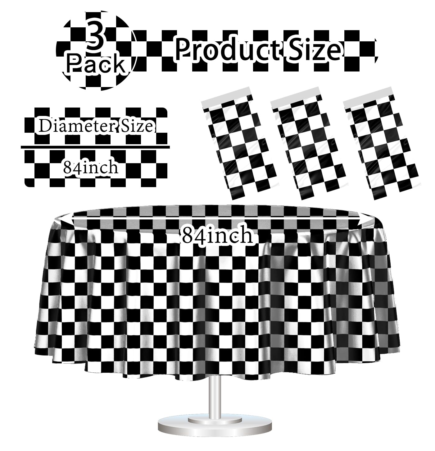 3 Pack Black and White Round Checkered Tablecloth 84 ×84 Checkered Table Cover Disposable Tablecloth for Round Tables Race Car Theme Party Birthday Picnic Camping Checkered Round Plastic Table Cloth