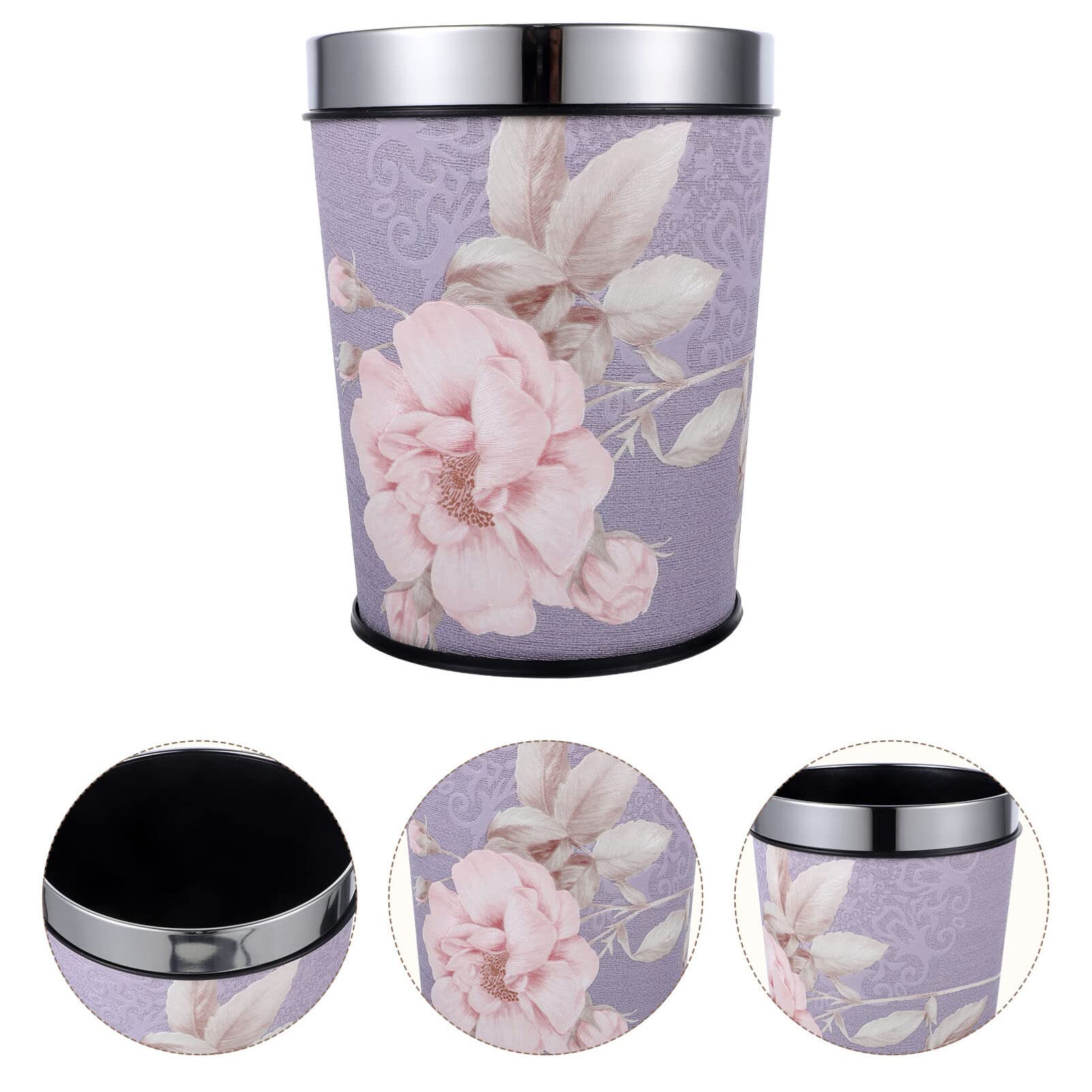 MAGICLULU Stainless Steel Container Floral Trash Can Round Wastebasket Modern Wastepaper Bucket Small Garbage Bin for Office Home Bedroom Living Room 5L Purple Stainless Steel Containers