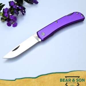 Bear & Son Small Locking Farmhand Folding Knife, 2 3/4” 440 Stainless Steel Blade, Lightweight Purple Aluminum Handle, Taper Ground Drop Point Blade (137LPL)