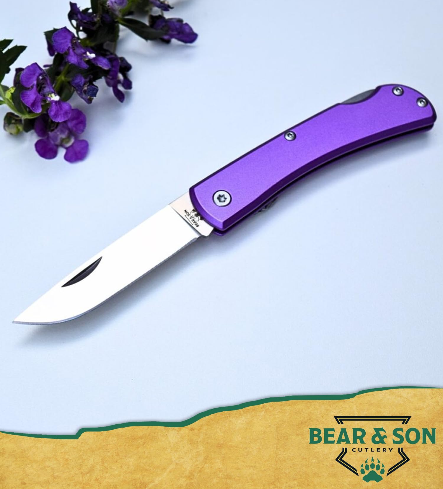 Bear & Son Small Locking Farmhand Folding Knife, 2 3/4” 440 Stainless Steel Blade, Lightweight Purple Aluminum Handle, Taper Ground Drop Point Blade (137LPL)