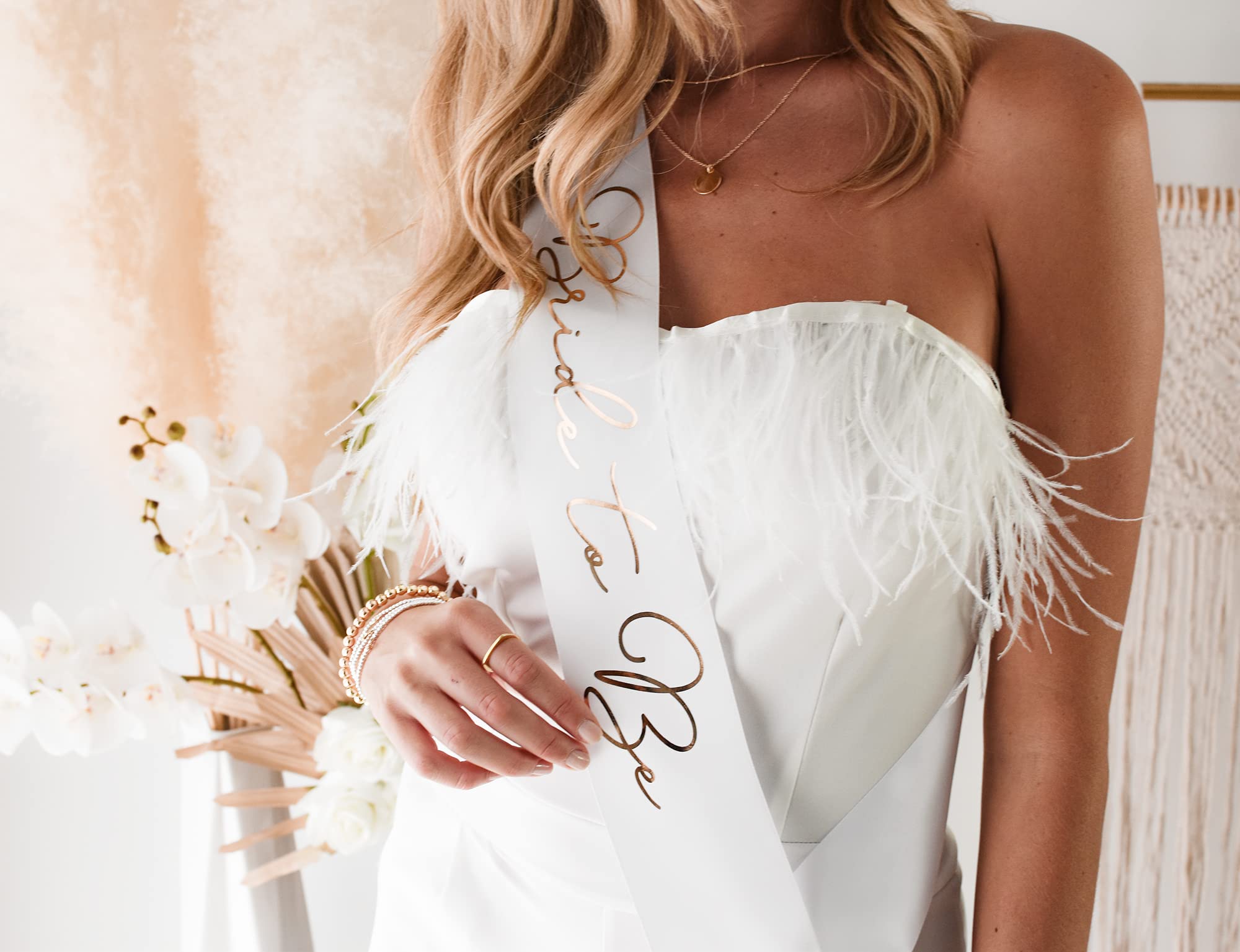 ModParty Bride to Be Sash| Bachelorette Party Sash | White + Gold Sash For Bride | Bridal Shower White Satin Sash | Includes Diamond Pin + Gift Box | Bachelorette Decorations