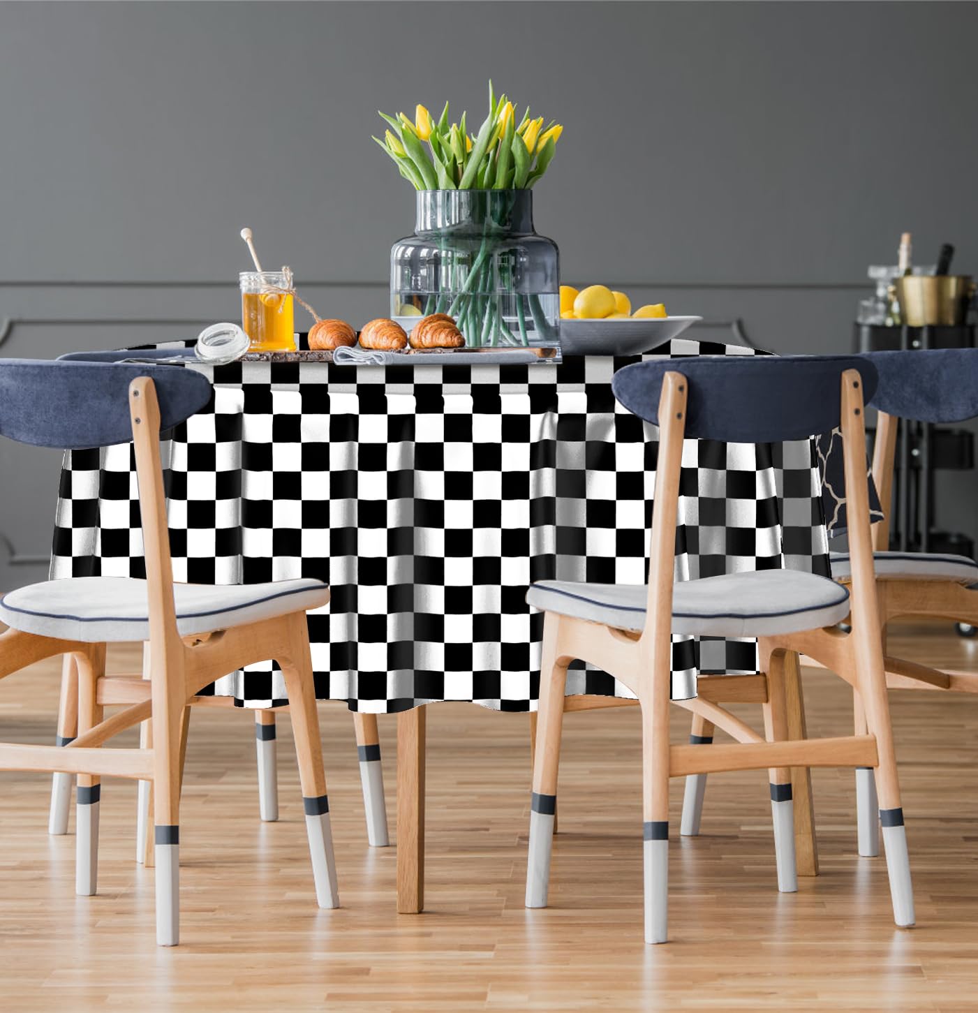 3 Pack Black and White Round Checkered Tablecloth 84 ×84 Checkered Table Cover Disposable Tablecloth for Round Tables Race Car Theme Party Birthday Picnic Camping Checkered Round Plastic Table Cloth