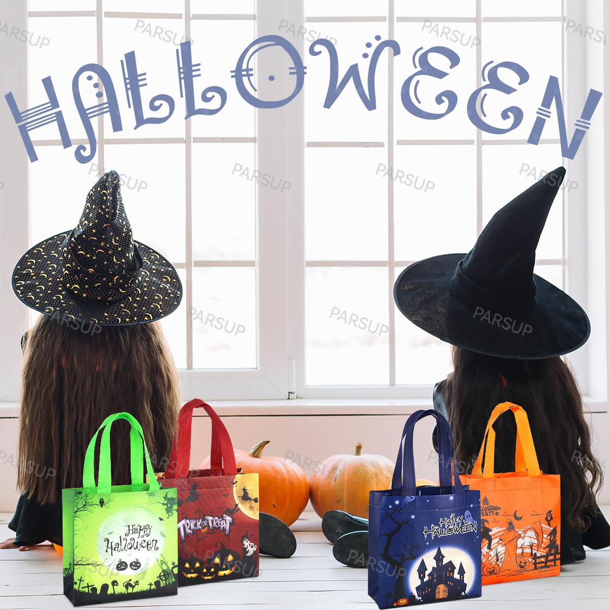 PARSUP 20PCS Halloween Trick or Treat Bags,Halloween Tote Bags with Handles, Gift Bags, Multifunctional Non-Woven Halloween Bags for Gifts Wrapping, Halloween Party Supplies, 7.9"×7.9"×3.15"