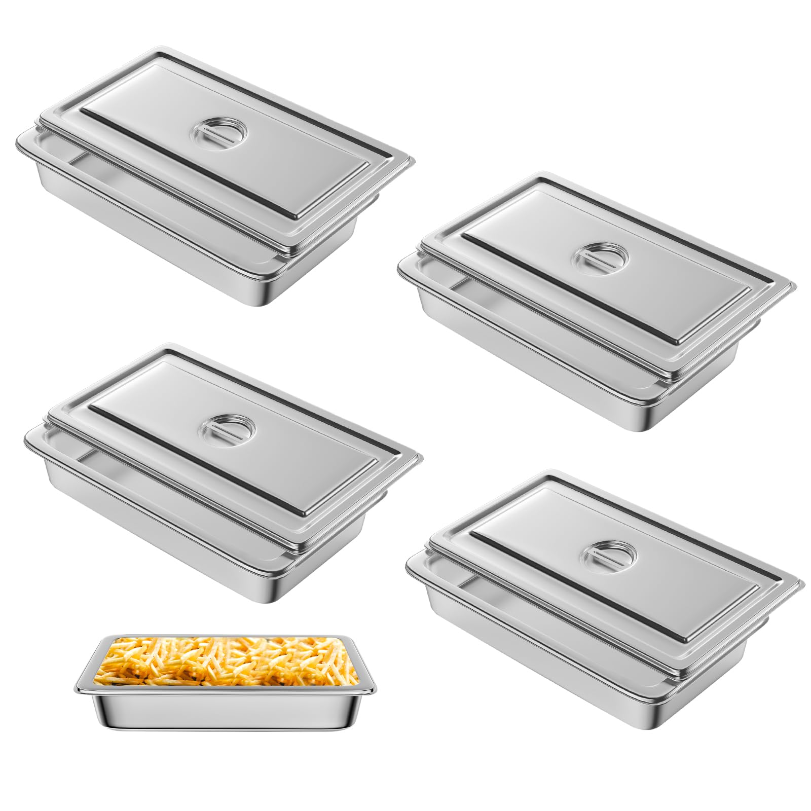 Hotel Pan, Full Size Steam Table Pan 4" Deep Stainless Steam Table Pan with Lid Full Size Food Pan 20.8" L x 13" W Anti Jam Stainless Steel Buffet Pan Commercial Stainless Steel Pan (4 Pack)