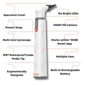 MOBI Connect Wi-Fi Otoscope for Ears, Nose & Throat - 1080P HD Lens, Multi-Axis Gyroscope, 6 LED Lights, 90+ Min Use, 3 Ear Speculum, Suitable for Adults & Children