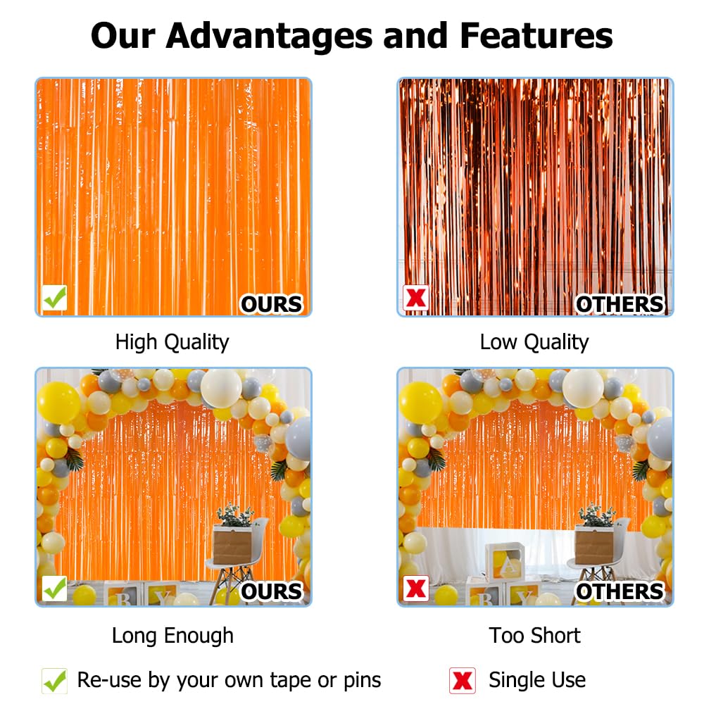 Slergut Orange Foil Fringe Curtains, 2 Pack 3.3 x 9.9 ft, Party Backdrop Decoration for Birthday, Graduation, Photo Booths, Table Decorations