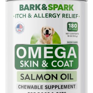 Omega 3 for Dogs and Cats - 180 Fish Oil Treats for Dog Shedding, Skin Allergy, Itch Relief, Hot Spots Treatment - Joint Health - Skin and Coat Supplement - EPA & DHA Fatty Acids - Salmon Oil - Bacon