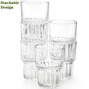 DEAYOU 6 Pack Drinking Glasses Set, 12 OZ Clear Striped Iced Tea Water Glass Cup, Stackable Rocks Glasses, Thick Tempered Glass Tumbler with Heavy Base for Juice, Milk, Cocktail, Spirits, Daily Use