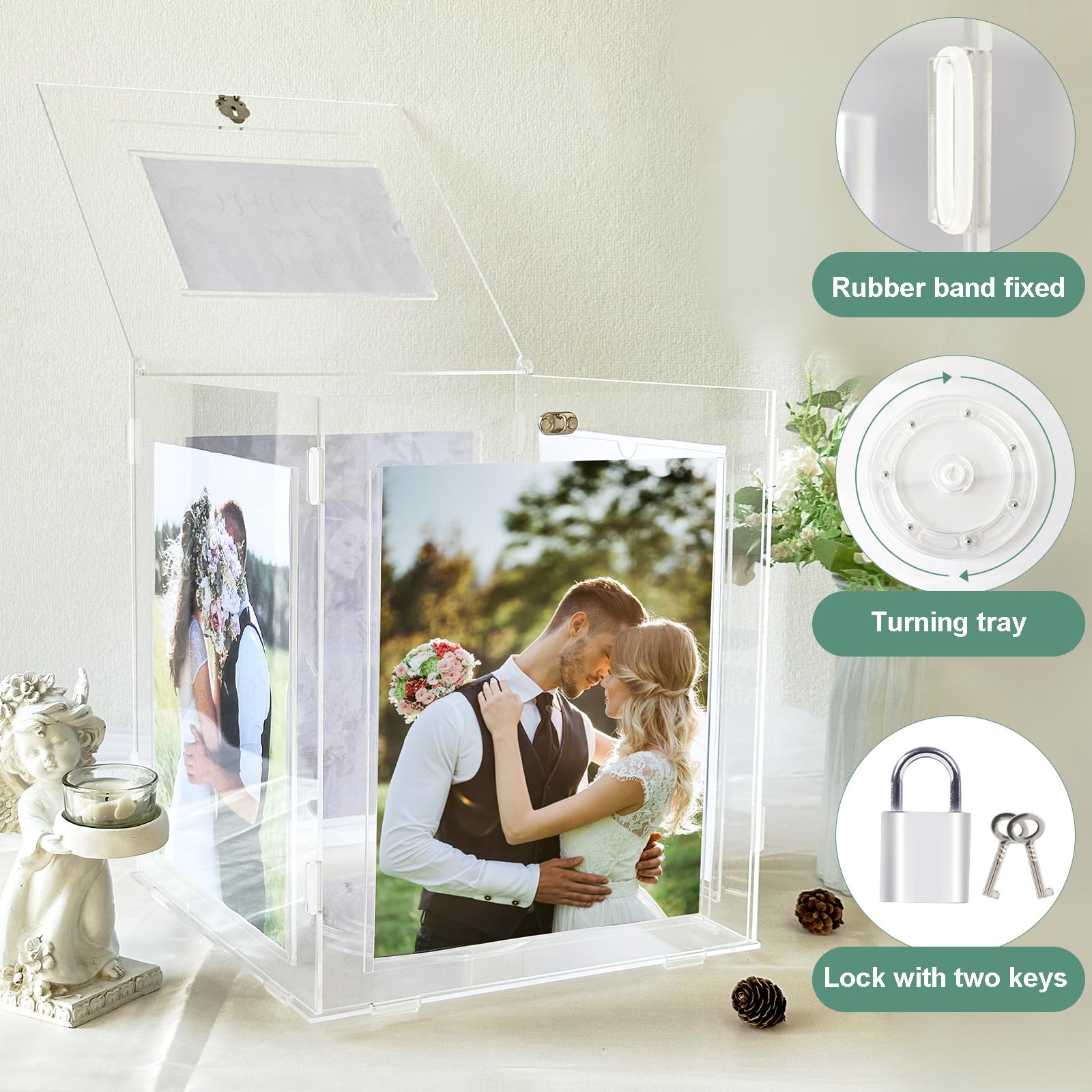 OurWarm Acrylic Wedding Card Box with Picture Frame for 8x10 Photos, Large Rotatable Envelope Post Money Gift Box Holder with Lock Slot for Reception Anniversary Graduation Birthday Party Baby Shower