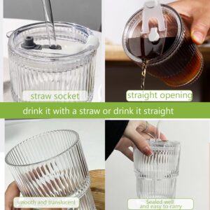 Lioong 2pcs Clear Glass Cups with Lids and Straws,Ice Coffee Cups With Lids,Glass Coffee Tumbler with Sip Lid,Glass Cups Go Traveling Coffee Mugs For Cold Drinks, Smoothie, Juice,Drinking (400ml)