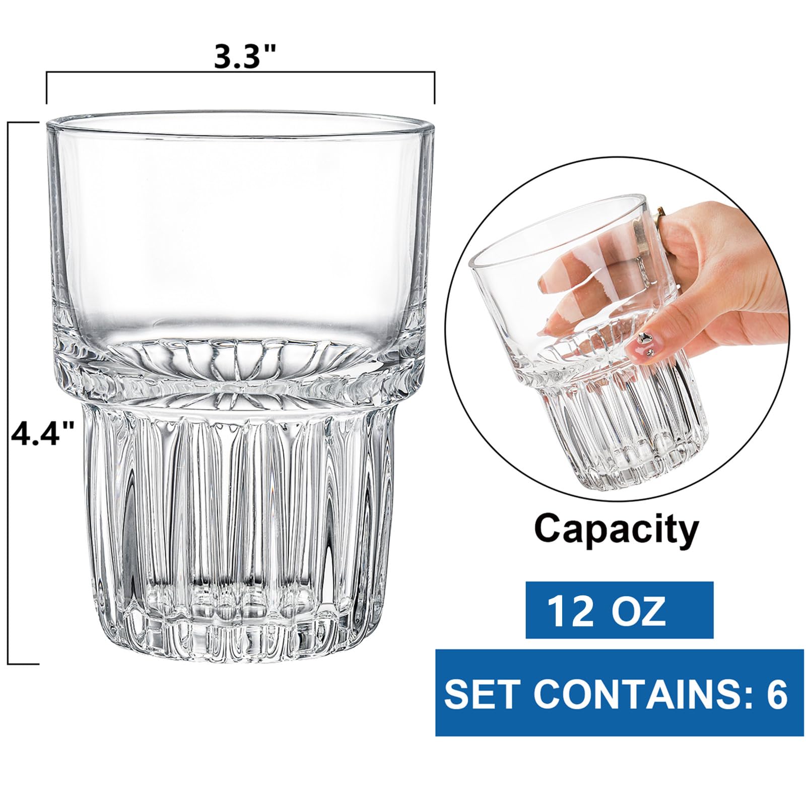 DEAYOU 6 Pack Drinking Glasses Set, 12 OZ Clear Striped Iced Tea Water Glass Cup, Stackable Rocks Glasses, Thick Tempered Glass Tumbler with Heavy Base for Juice, Milk, Cocktail, Spirits, Daily Use