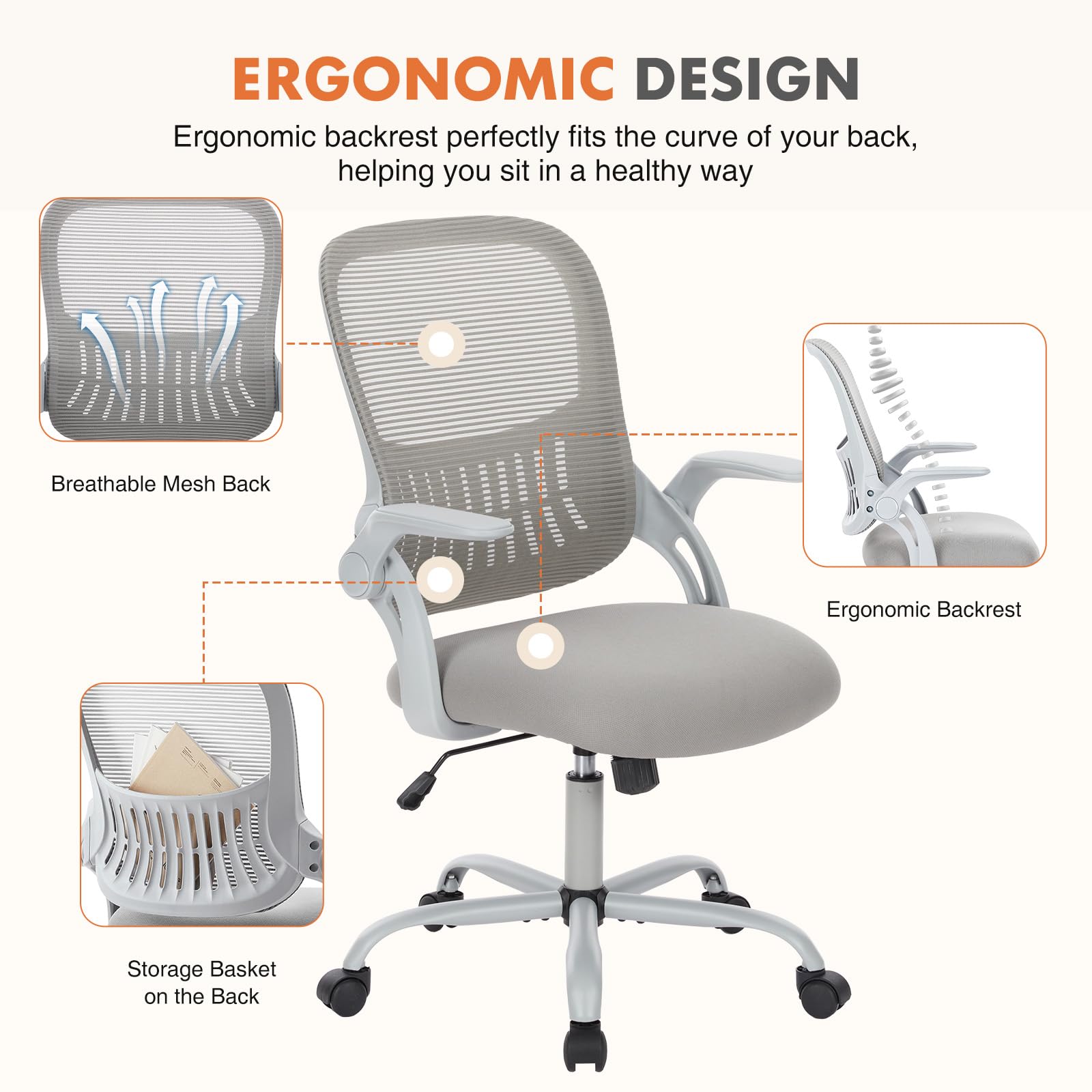 Office Chair, Desk Chair, Ergonomic Home Office Desk Chairs, Computer Chair with Comfortable Armrests, Mesh Desk Chairs with Wheels, Office Desk Chair, Mid-Back Task Chair with Lumbar Support