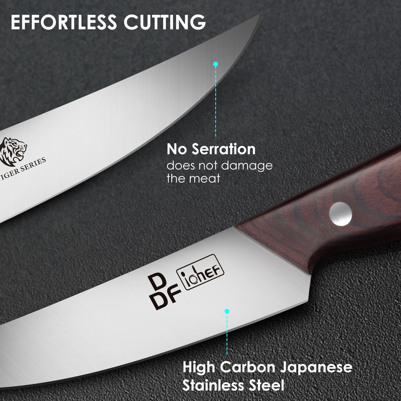 DDF iohEF Steak Knives Set of 6, Non-serrated Steak Knife 4.5 Inch High Carbon Japanese Stainless Steel Kitchen Steak Knife 6 Pieces Dinner Knives Ultra Sharp with Ergonomic Handle and Gift Box