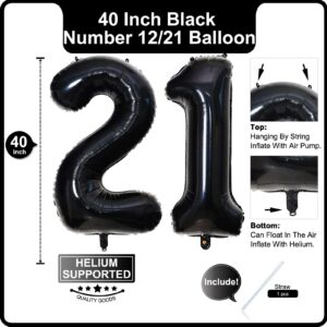 Lovoir 40 Inch Black 12 Number Balloon 21 Large Size Jumbo Digit Mylar Foil Helium Black Balloons for 12th 21st Birthday Party Celebration Decorations Graduations Anniversary Supplies