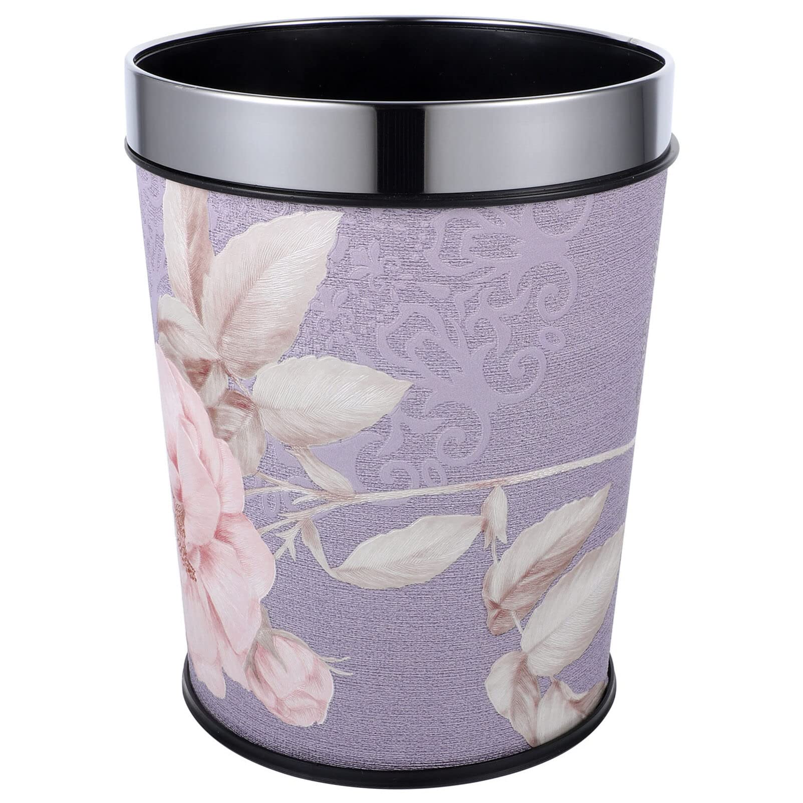 MAGICLULU Stainless Steel Container Floral Trash Can Round Wastebasket Modern Wastepaper Bucket Small Garbage Bin for Office Home Bedroom Living Room 5L Purple Stainless Steel Containers