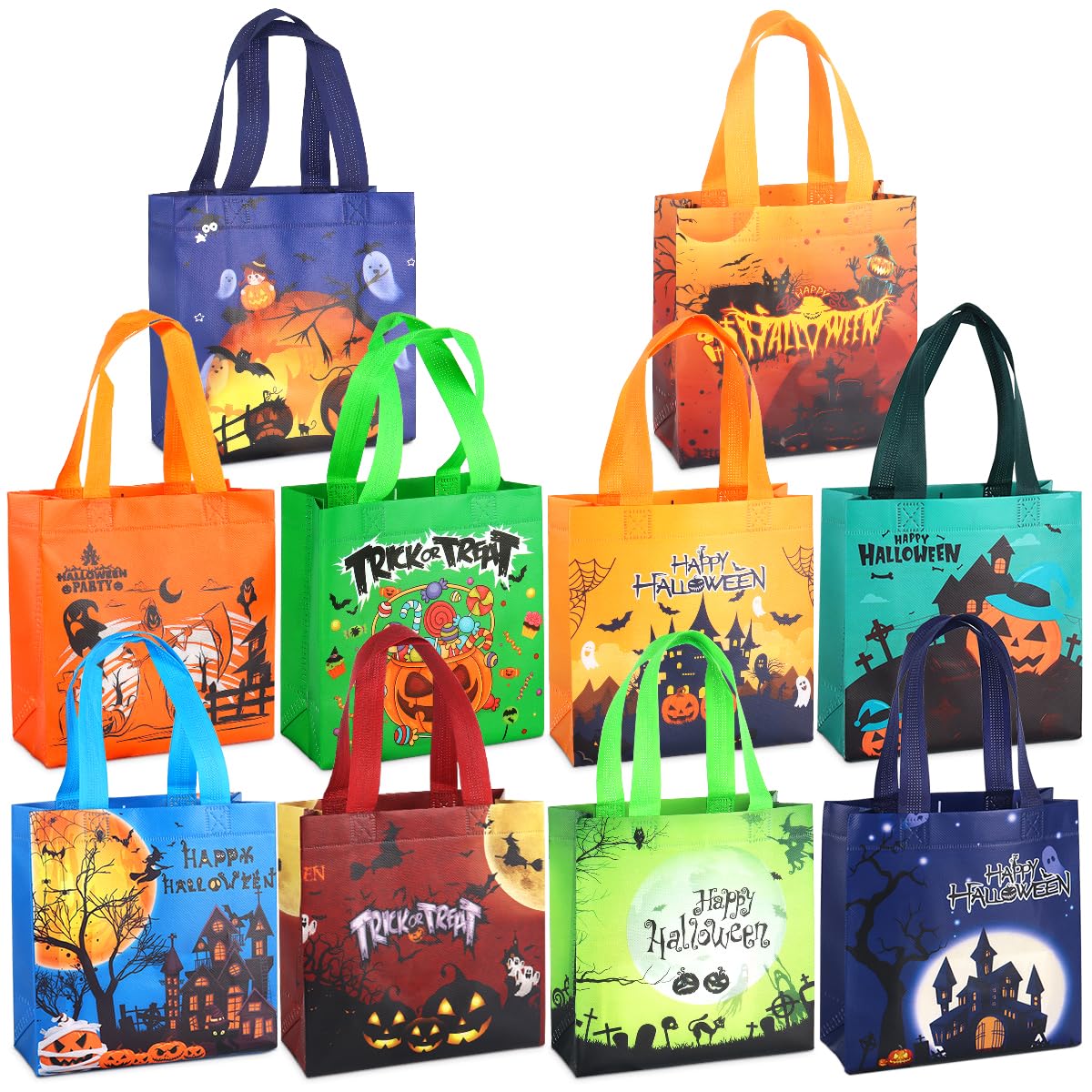 PARSUP 10PCS Halloween Bags,Halloween Tote Bags with Handles, Gift Bags, Multifunctional Non-Woven Halloween Bags for Gifts Wrapping, Trick or Treat, Halloween Party Supplies, 7.9"×7.9"×3.15"