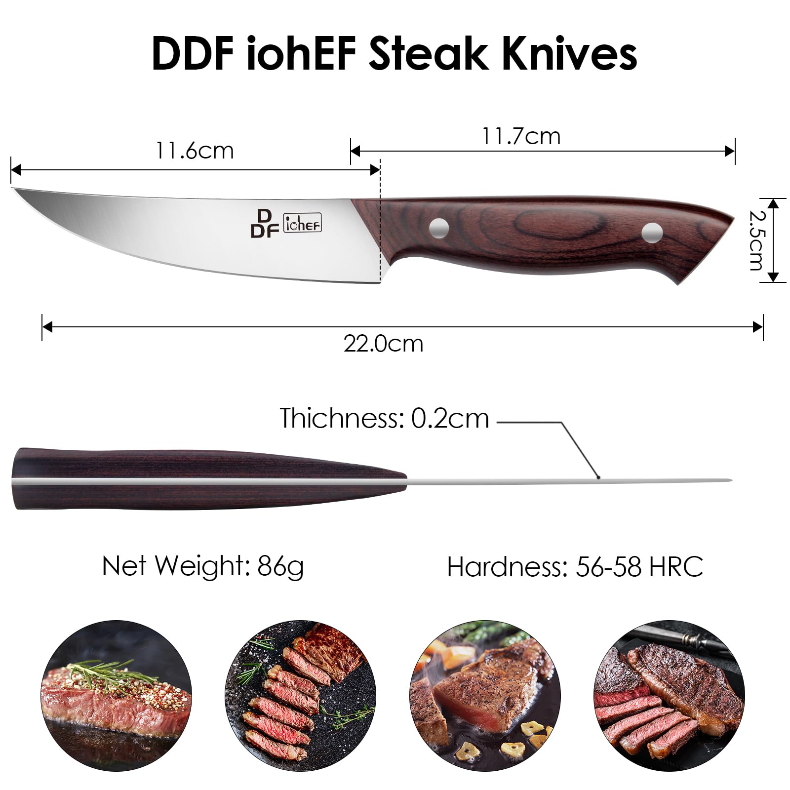 DDF iohEF Steak Knives Set of 6, Non-serrated Steak Knife 4.5 Inch High Carbon Japanese Stainless Steel Kitchen Steak Knife 6 Pieces Dinner Knives Ultra Sharp with Ergonomic Handle and Gift Box