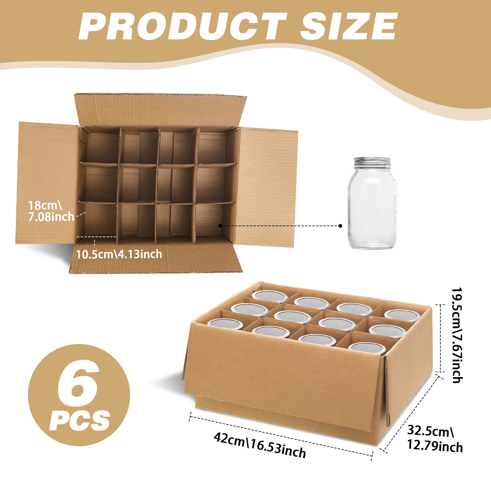 Hsei 6 Pcs Cardboard Canning Jar Storage Boxes 12 Cells Mason Jar Storage Boxes with Dividers Mason Jar Organizer Fits 32 oz Jars Regular or Wide Mouth for Stacking Packing Moving Jars